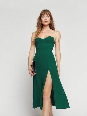 Reformation Juliette Green Maxi Dress – Slip Dress w/ Slit | Size 0
